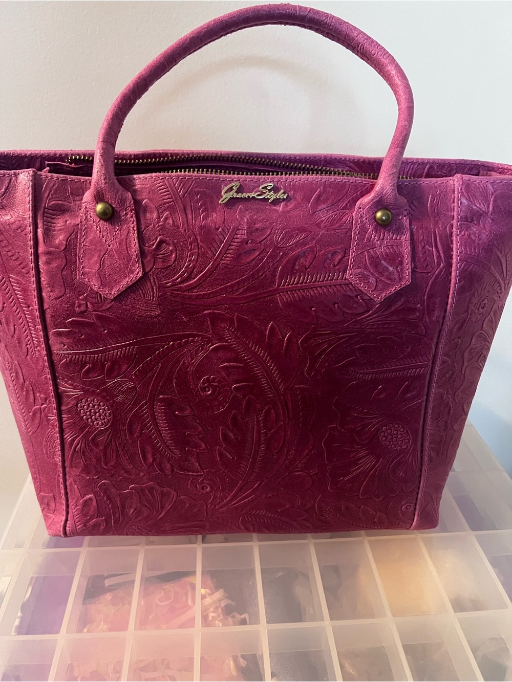 Grace Styles Embossed Floral Tote - Fuchsia Pink